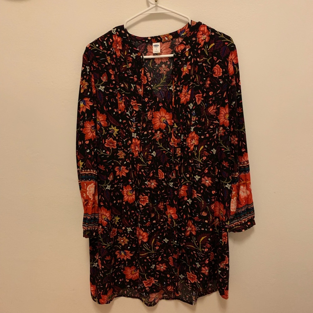 Old Navy Black Floral LS Swing Dress - SIZE S